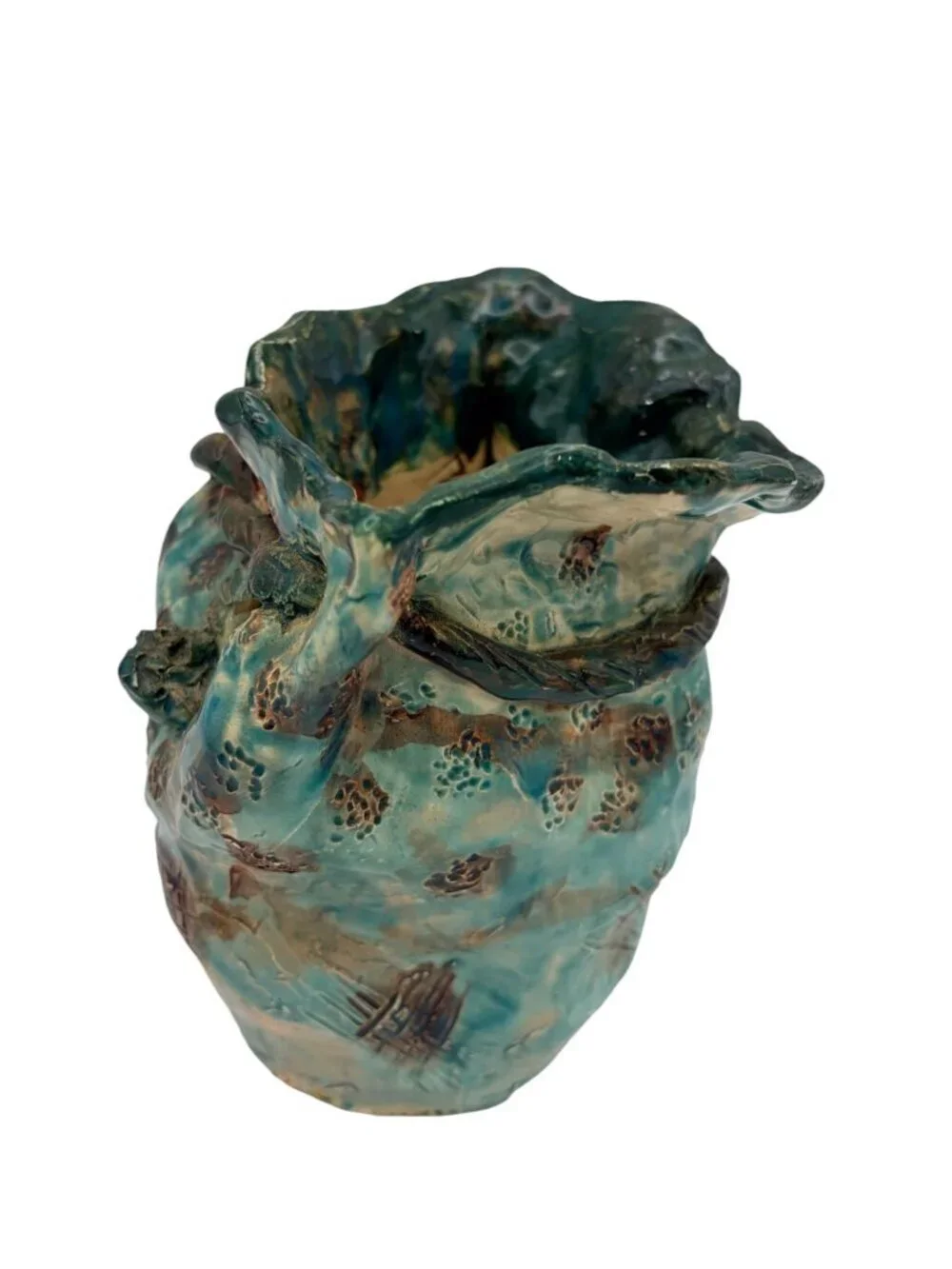 Signed Studio Pottery Vase Teal Drip Glaze Sculptural Art Vessel 5.5in Retro MCM